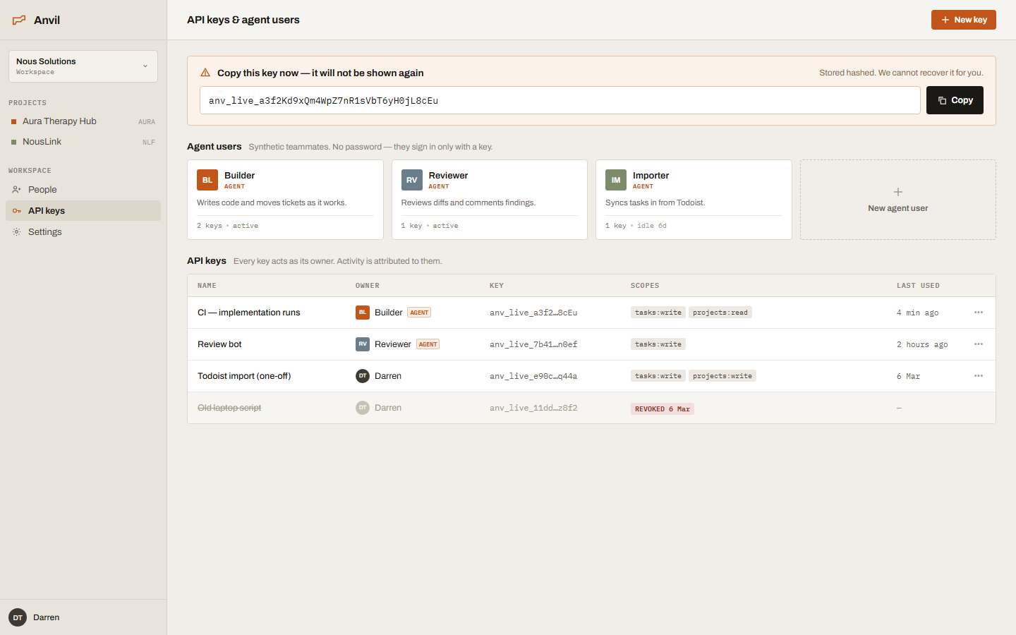Anvil API keys and agent users screen