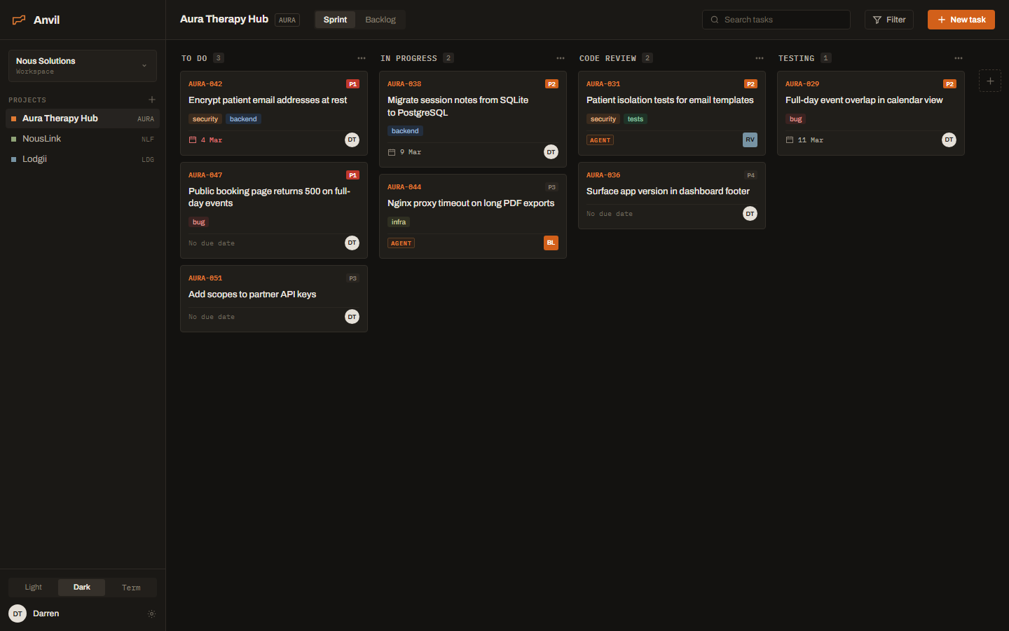 Anvil board view, dark theme