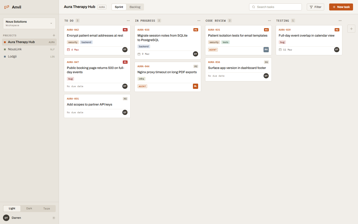 Anvil board view, light theme
